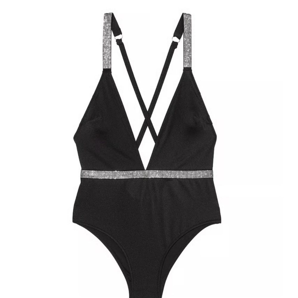 Victoria's Secret Black One Piece Swimsuit with Silver Accents Plunge